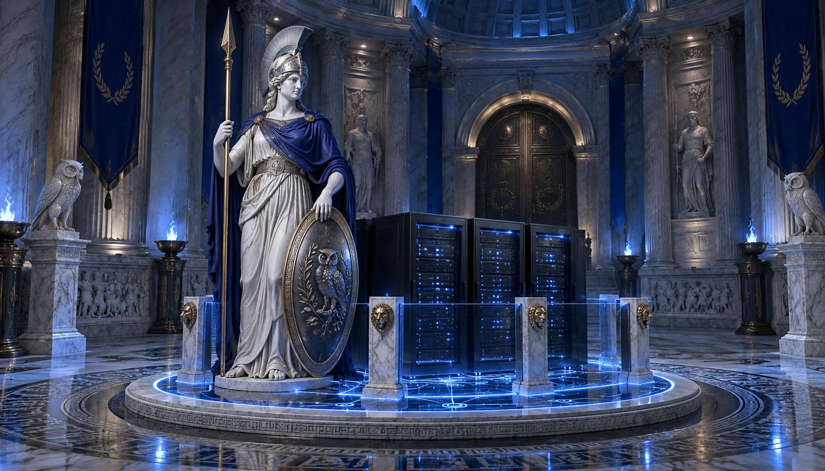 Athena in marmo veglia su server racchiusi in un perimetro luminoso blu all'interno di un tempio.