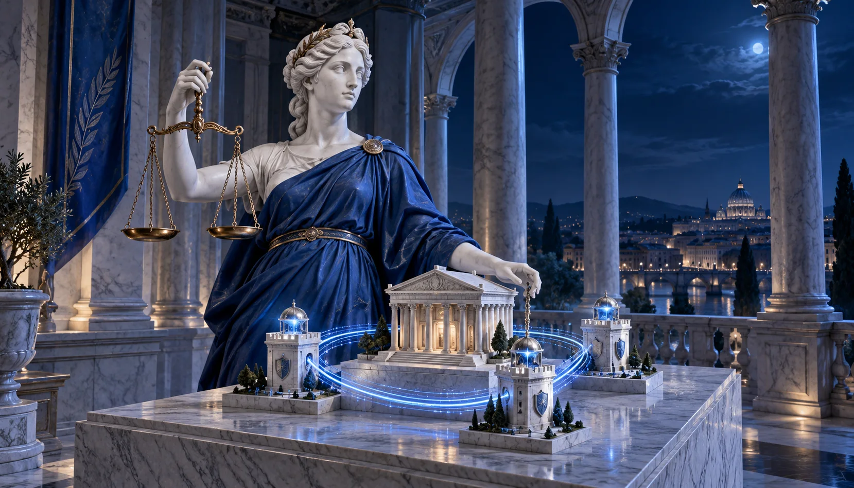 Themis regge una bilancia accanto a un edificio finanziario in miniatura collegato a tre torri da percorsi luminosi.