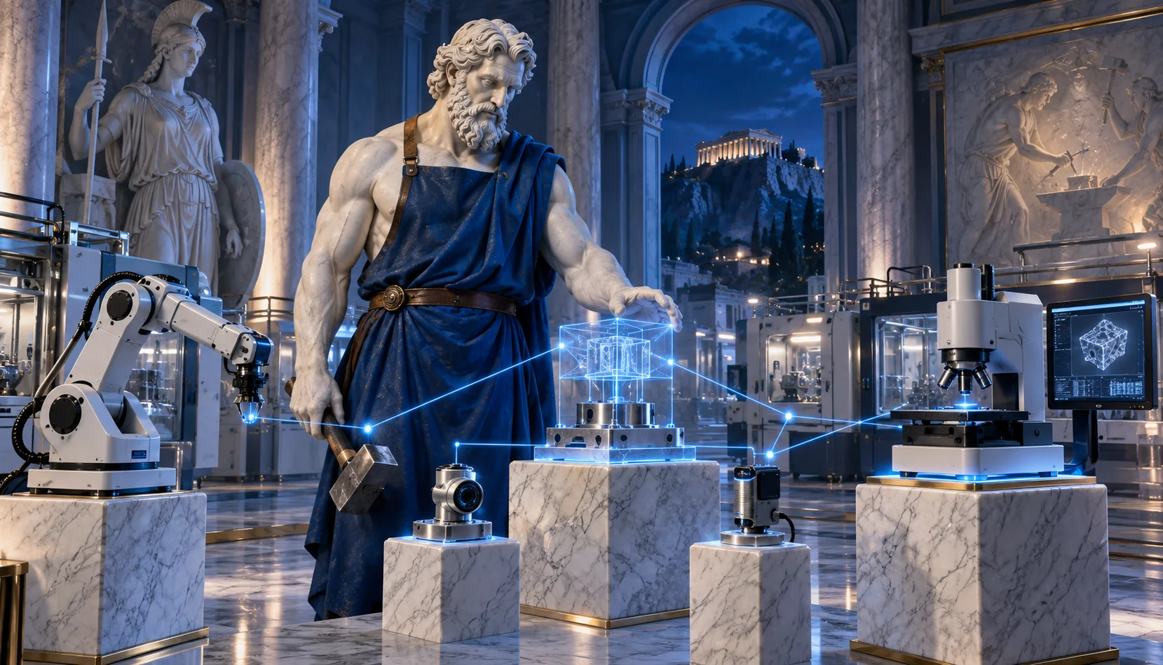 Hephaestus osserva una rete blu che collega un braccio robotico, strumenti di laboratorio e sensori.