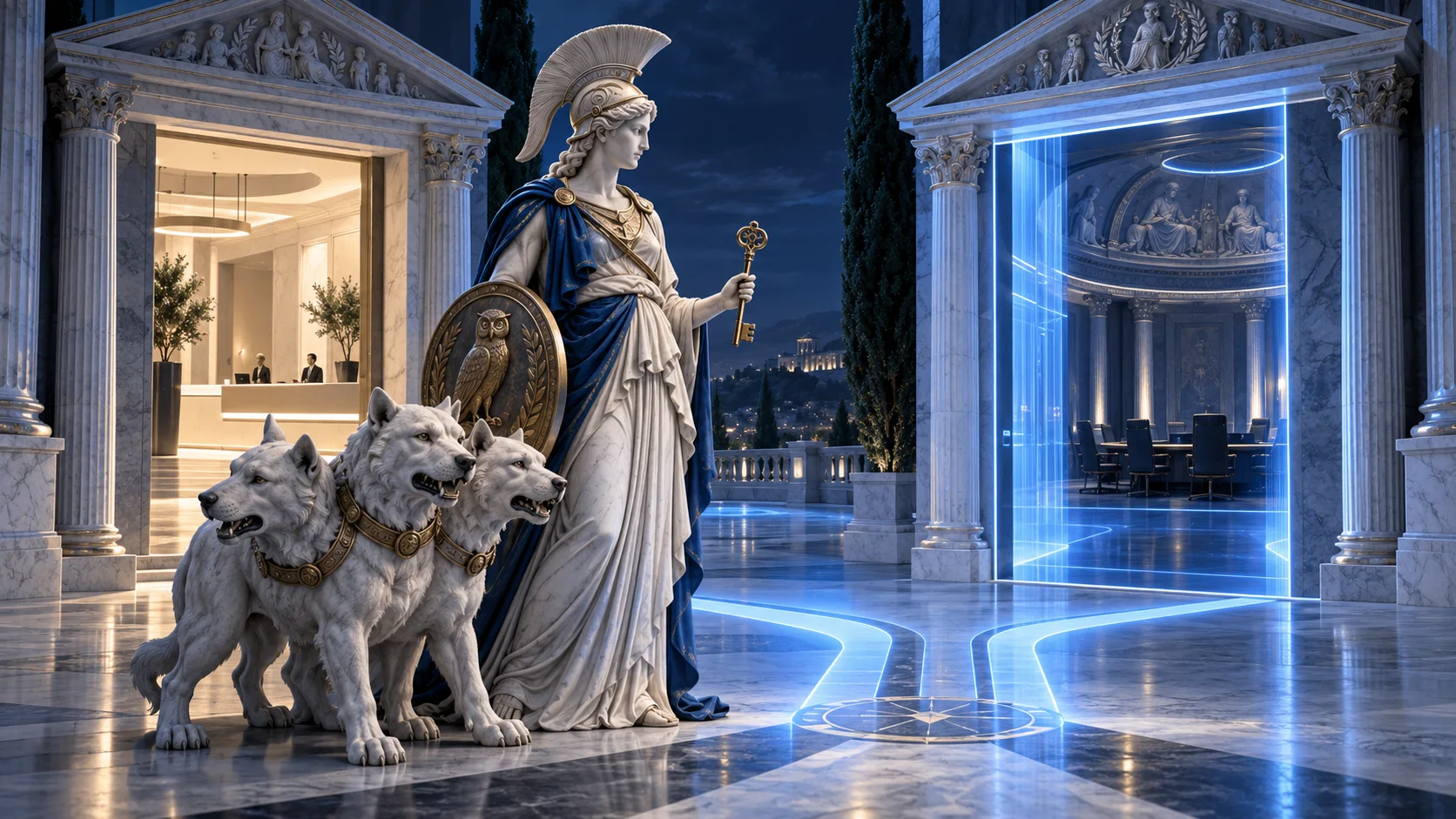 Athena con elmo, scudo con civetta e chiave, affiancata da Cerbero, tra una reception e una sala riunioni separate da una barriera di luce blu