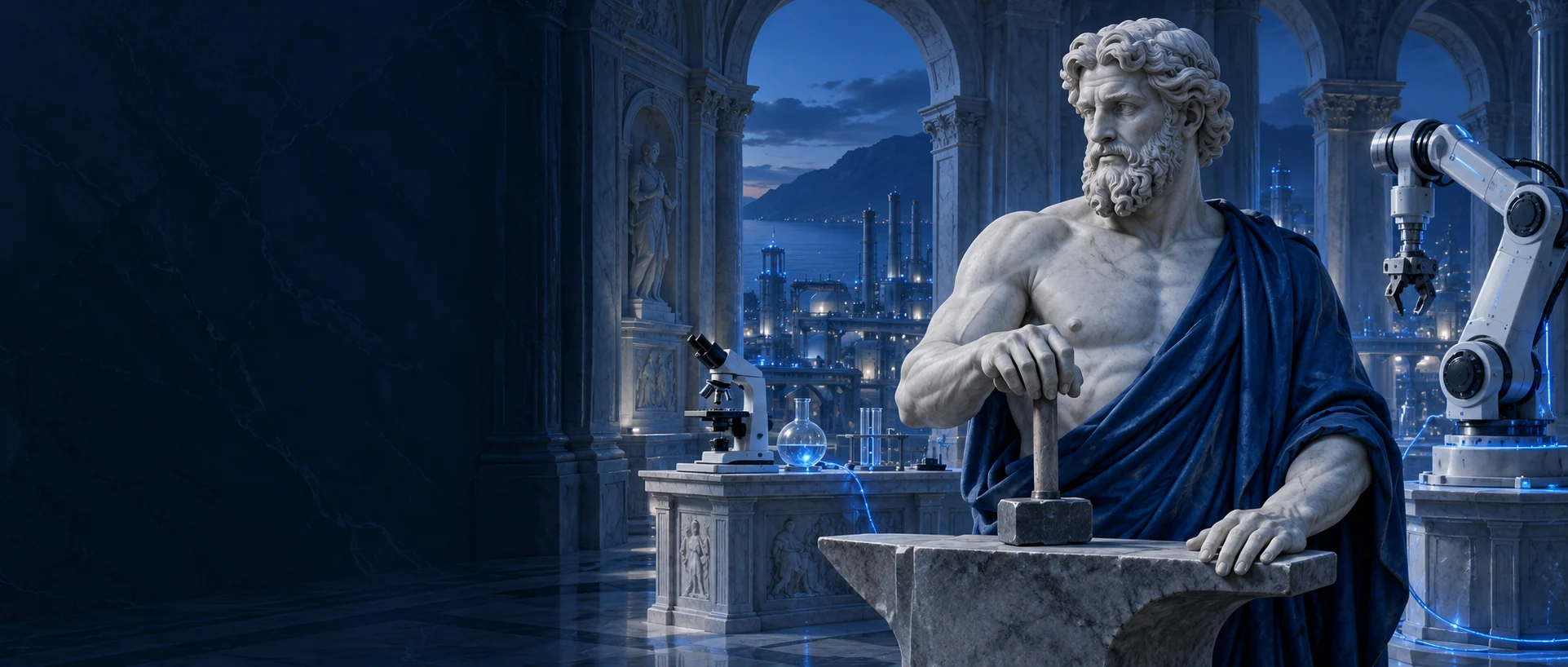 Hephaestus in una fucina di marmo blu con un braccio robotico e strumenti di laboratorio
